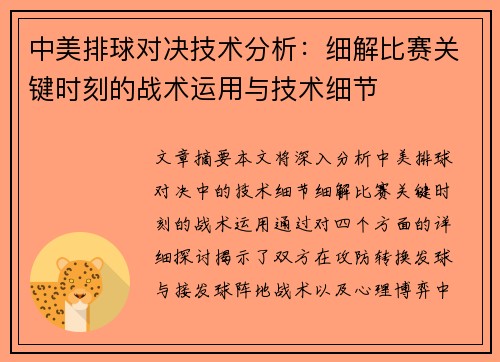 中美排球对决技术分析：细解比赛关键时刻的战术运用与技术细节