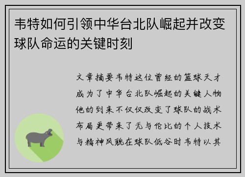 韦特如何引领中华台北队崛起并改变球队命运的关键时刻